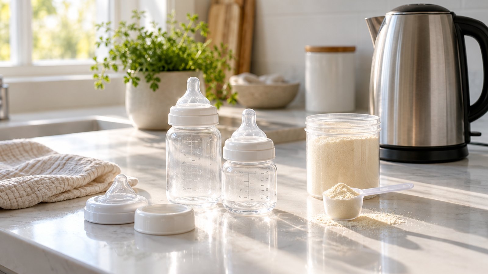 Clean baby bottles, a formula scoop and a kettle on a kitchen counter (illustrative)
