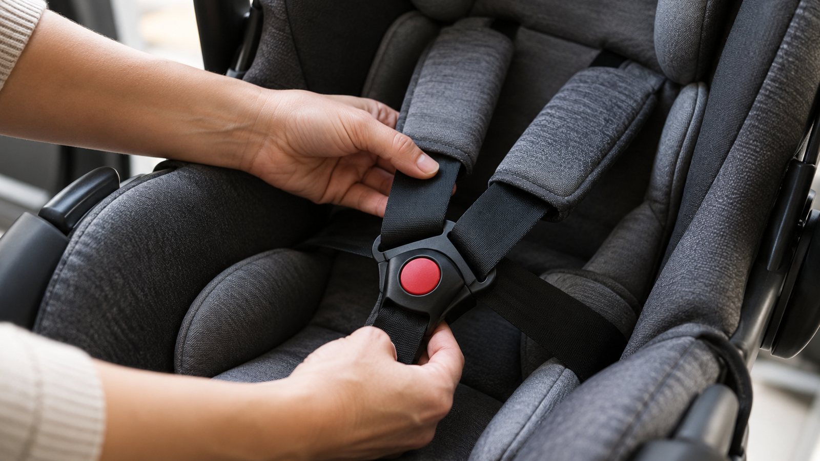 Hands adjusting the harness on an empty infant car seat (illustrative)