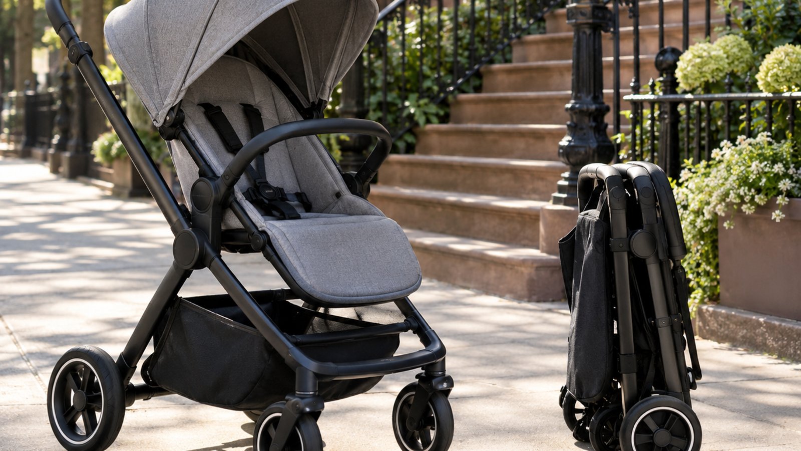 Two unbranded strollers on a city sidewalk, one folded (illustrative)